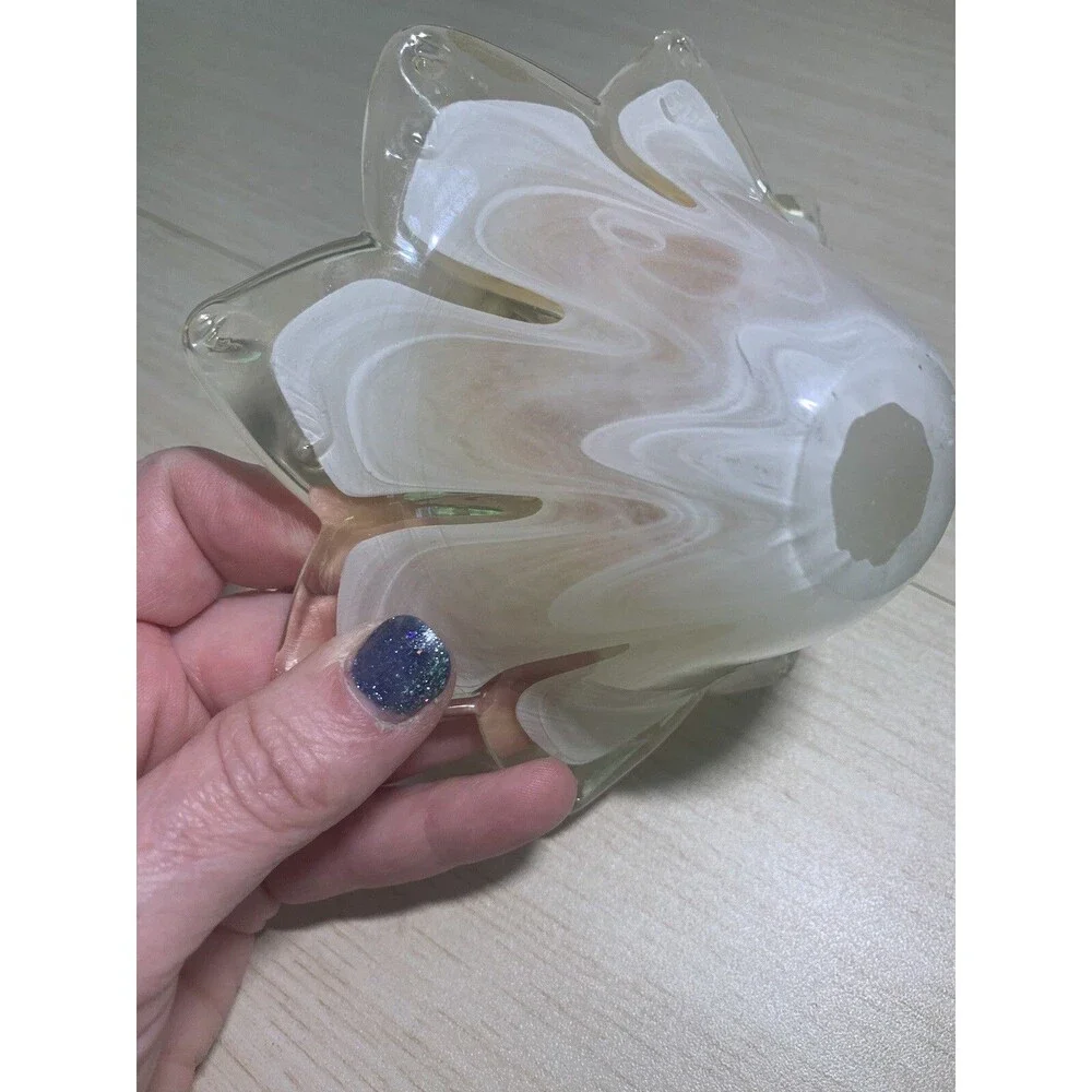 Murano Art Glass Star Flower Votive Dish white and Iridescent Orange has Sticker